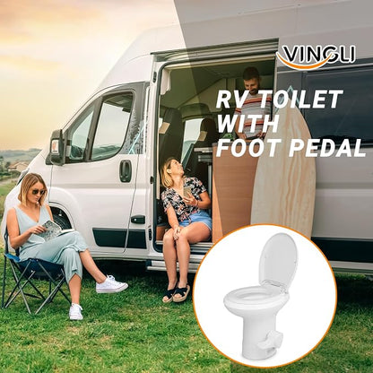 RV Portable Toilet with Gravity Flush –,Hands-Free Foot Pedal Design, Standard Seat Height for Campers & Trailers