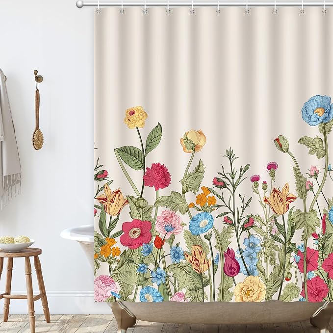 Vintage Floral Shower Curtain, Retro Wildflowers Shower Curtain 72x72 | Botanical Chic Flowers Shower Curtain for Bathroom with 12 Hooks, Waterproof Farmhouse Home Rustic Bathroom Decor