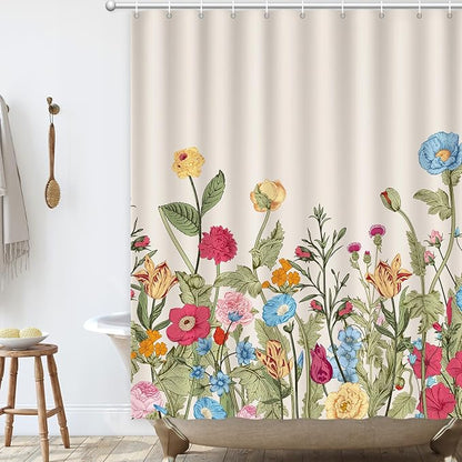 Vintage Floral Shower Curtain, Retro Wildflowers Shower Curtain 72x72 | Botanical Chic Flowers Shower Curtain for Bathroom with 12 Hooks, Waterproof Farmhouse Home Rustic Bathroom Decor