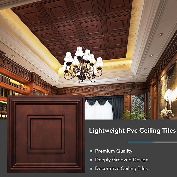 STICKGOO Glue Up Ceiling Tiles, 24x24 Inch PVC Decorative Drop Ceiling Tile Antique Copper 48 Sq. Ft, Pack of 12 Tiles