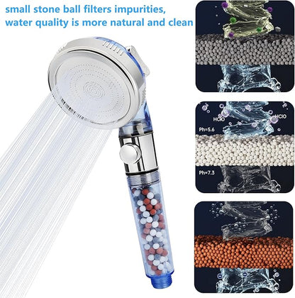 Jetting Shower Head, Modern Style, 3 Mode Shower Sprayer, High Pressure, Polished Finish, ABS Material, Mineral Stone Beads, 1 Spray Setting, 1.5" Diameter