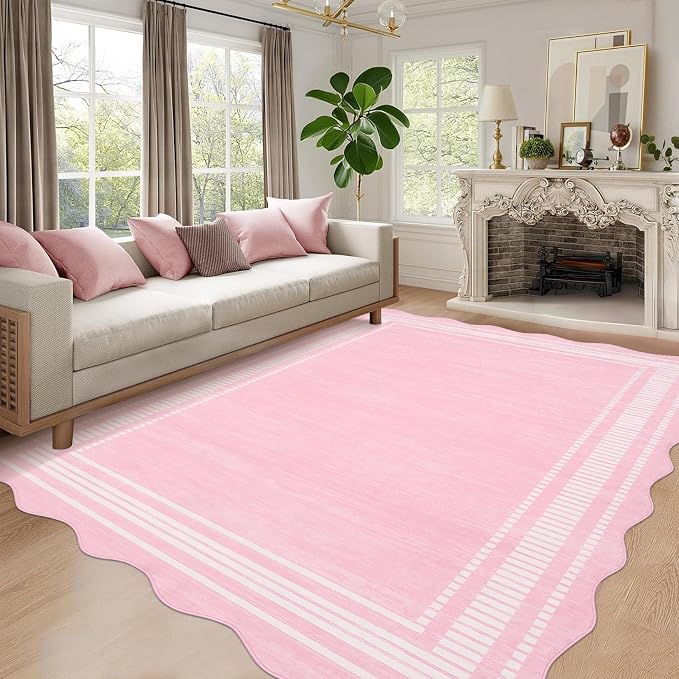 Garvee Washable Rugs 10x13 Scalloped Area Rugs for Living Room Bedroom | Girls Rug for Bedroom Non-Slip Soft Carpet for Bedroom, Scalloped Low-Pile Print Accent Rug for Dining Room Home Office