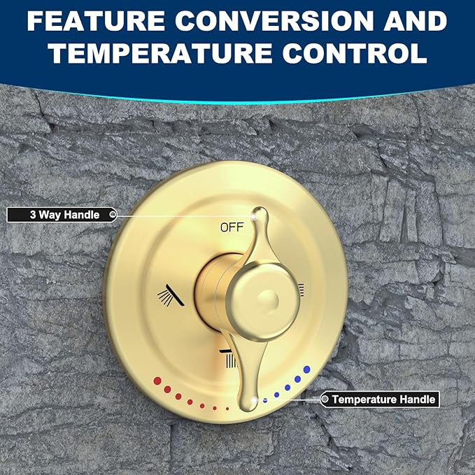 Antique Brass Shower System, 9" & 6" Dual Rain Heads and Handheld Spray Vintage Fixtures, 3-Function Dual Knob Valve with Separate Temperature Control, Brused Gold