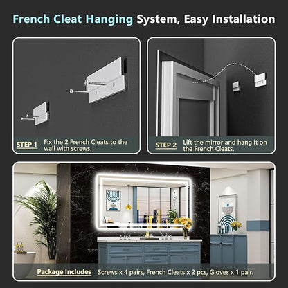 72x36 LED Bathroom Mirror with Lights, Backlit and Front Lit Anti-Fog Lighted Vanity Mirrors for Bathroom Wall, Dimmable, 3-Color Light, Memory, Shatter-Proof, HD Tempered Glass, CRI＞90