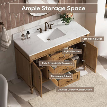 48 Inch Bathroom Vanity with Sink Combo, Classic Bathroom Cabinet with Countertop & Backsplash, Solid Wood Vanity with Soft Closing Doors & Dovetail Drawers, Ceramic Sink, Light Walnut