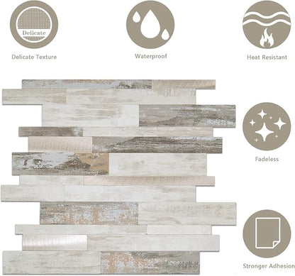 KASARO Peel and Stick Marble Backsplash Tile, 10 Sheets, Collage Marble with Printed Stone Pattern, Self-Adhesive Wall Tile for Kitchen, Bathroom, Fireplace, RV (11.8” x 14”)