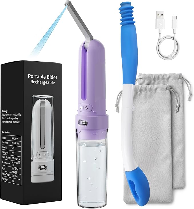 Electric Portable Bidet Toilet Aids Wiper Tool Set, Purple | 2-in-1 travel hygiene kit 15.7" extended length wiping tools 1600mAh Long-lasting Battery USB-C Rechargable IPX7 Waterproof