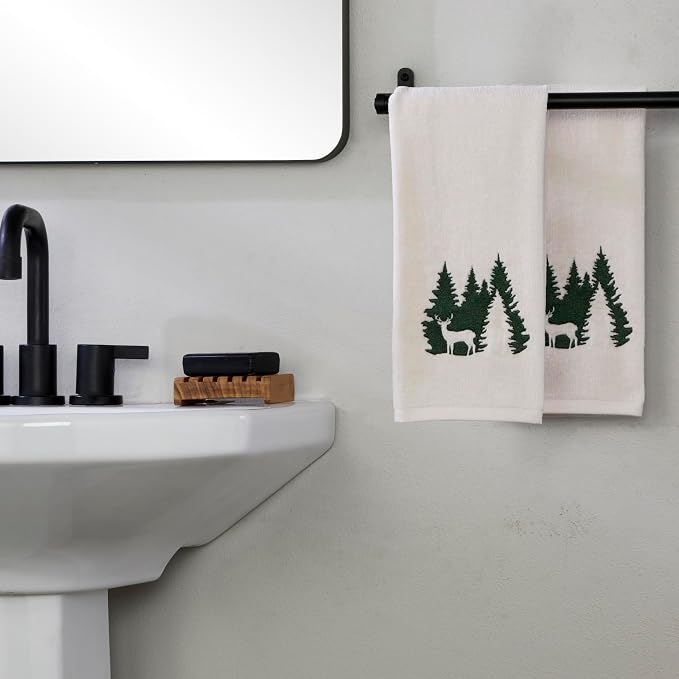 SKL Home Christmas/Winter Deer Spruce Hand Towel Set-2pc, Natural | Soft, embroidered velour. Great for the bathroom, kitchen or bar. Fun for lodge/cabin décor & holiday gifting.