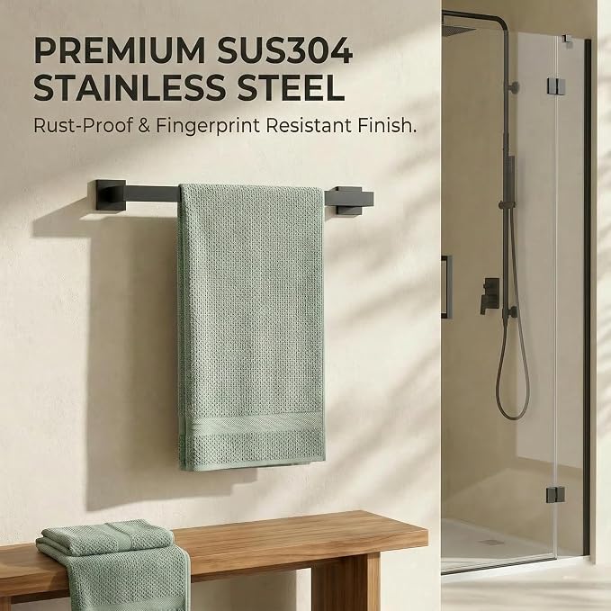 5-Piece Bathroom Hardware Set, 23.6 in Towel Bar, Matte Black | 304 stainless steel, towel ring, toilet paper holder, 2 robe hooks, wall-mounted, installation hardware included