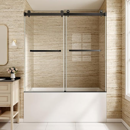 Frameless Stainless Steel Sliding Shower Door, 56-60" W x 60" H - 5/16" (8mm) Thick Tempered Glass Rust-Proof Glass Shower Door with Dual Tracks in Matte Black
