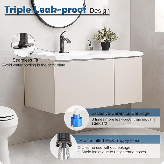 Brass Oil Rubbed Bronze Bathroom Faucet 1 Hole, Waterfall Bathroom Sink Faucet 4 Inch 3 Hole Single Handle with Pop-up Drain, Pre-Installed Water Hoses, Deck Plate for Farmhouse Vanity Sink