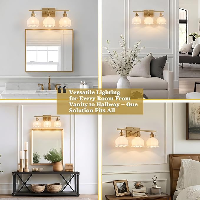 3-Light Vintage Bathroom Vanity Light, 19.4" Brass Hardwired Wall Sconce with Amber Tulip Glass Shades, Brushed Gold Vanity Light for Mirror, Restroom, Bedroom (White, 3-Light)