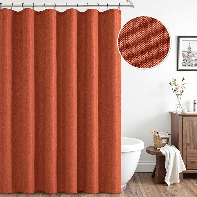 ANRODUO Burnt Orange Extra Long Linen Fabric Shower Curtain Set - W72xL108 | Farmhouse Shower Curtain with 12 Metal Hooks, Waterproof Heavy Duty, Button Hole Design, Machine Washable for Bathroom