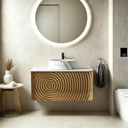 30" Floating Bathroom Vanity with Sink, Mid-Century Wall Mounted Bathroom Vanity Cabinet with Waved Decor, Marble Ceramic Basin, Sintered Stone Top, Soft Close Storage Drawer, Natural