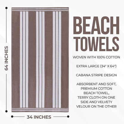 Superior Oversized Cotton Beach Towel Set of 4, Absorbent Towels for Bathroom, Beach, Pool, Swim, Adults, Kids, Vacation, Travel, Bath Sheet, Quick Dry Basics, Trip Essentials, Striped Decor, Taupe