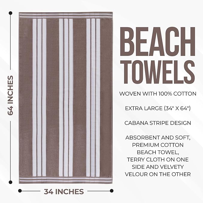 Superior Oversized Cotton Beach Towel Set of 2, Absorbent Towels for Bathroom, Beach, Pool, Swim, Adults, Kids, Vacation, Travel, Bath Sheet, Quick Dry Basics, Trip Essentials, Striped Decor, Taupe