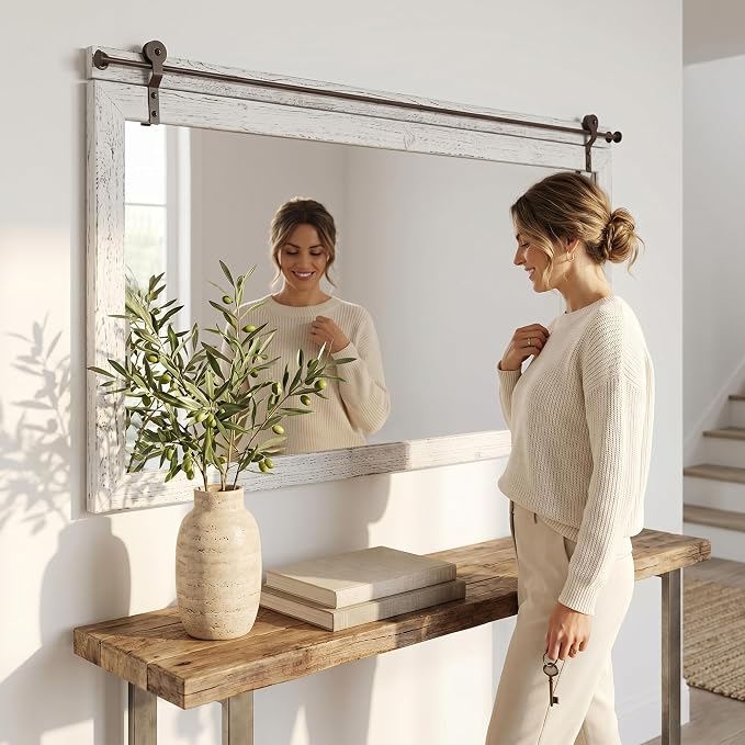 27"x49" Whitewashed Coastal Barn Door Wall Mirror with Wood Header | 100% solid wood, HD tempered glass, bronze-tone iron rail; large coastal farmhouse mirror for double vanity, mantel, entryway