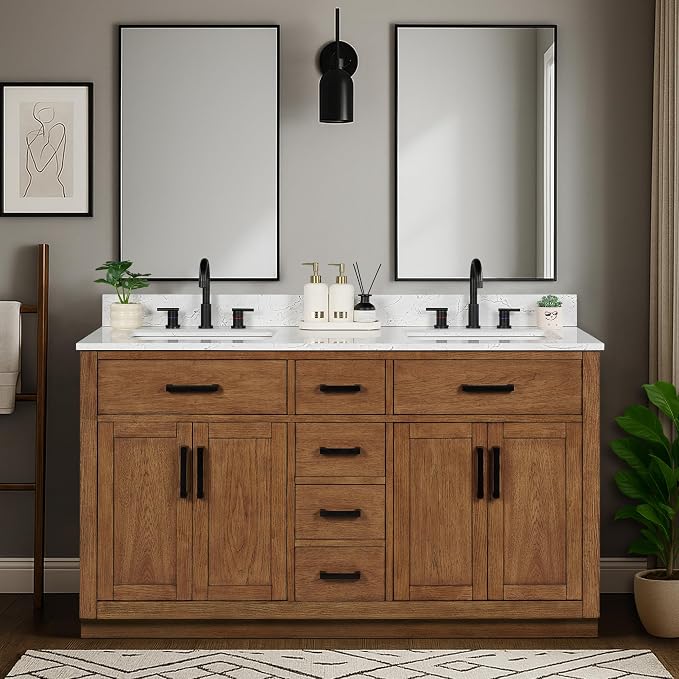 60-inch Dark Walnut Bathroom Vanity with 2 Sinks, Solid Wood, 0.79-inch Stone Countertop and Backsplash, 6 Drawers, 4 Soft Closing Doors