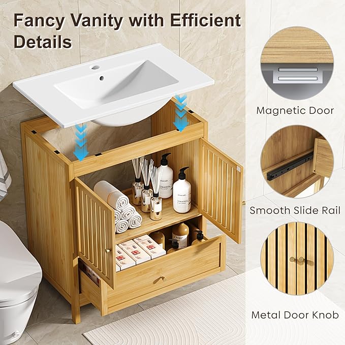 30" Bathroom Vanity with Single Sink, Solid Wooden Free Standing Bathroom Cabinet, Farmhouse Bamboo Storage Cabinet with Large Drawer, Soft-Closing Louvered Doors with Built-in Shelves