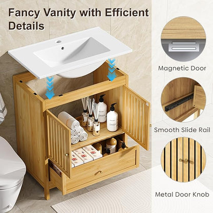 30" Bathroom Vanity with Single Sink, Solid Wooden Free Standing Bathroom Cabinet, Farmhouse Bamboo Storage Cabinet with Large Drawer, Soft-Closing Louvered Doors with Built-in Shelves