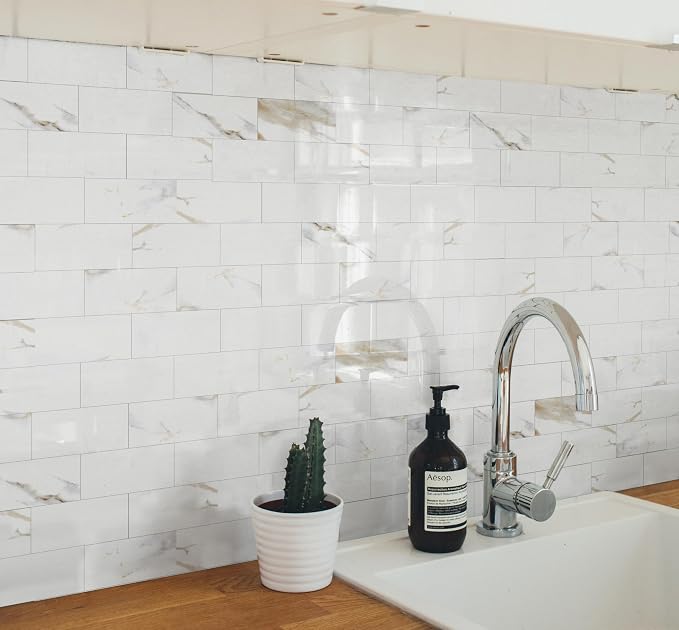 Yipscazo Peel and Stick backsplash 3 x 6 Inches 3D PVC Composite Wall Tile Stick on Backsplash Tile for Kitchen Bathroom, Laundry Room, Fireplace(Polished Marble, 160 Pieces)