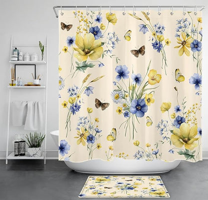 HVEST Wildflower Shower Curtain and Bath Mat, Blue and Yellow Floral and Wheat with Butterfly Shower Curtain with Bathroom Rugs, 70X70 inches Country Daisy Flower on Beige Shower Curtain Sets