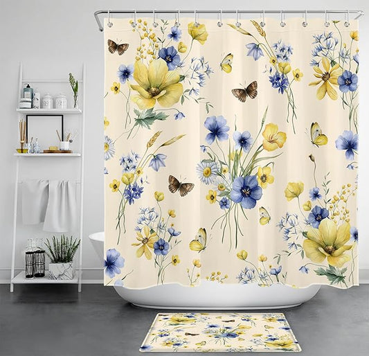 HVEST Wildflower Shower Curtain and Bath Mat, Blue and Yellow Floral and Wheat with Butterfly Shower Curtain with Bathroom Rugs, 70X70 inches Country Daisy Flower on Beige Shower Curtain Sets