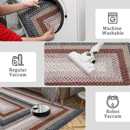 Imitation Braided Collection-Print Washable Rug 10x13 Area Rug for Bedroom Farmhouse Living Room Rug Large Area Rug Non Slip Throw Rugs Stain Resistant Carpet for Department Dining Room