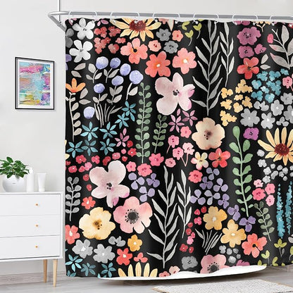 Extra Long Black Floral Watercolor Cute Plants Bathroom Shower Curtain Set | 72"W x 84"H Girly Boho; waterproof HD print, quick-dry fabric with 12 hooks for easy hanging.