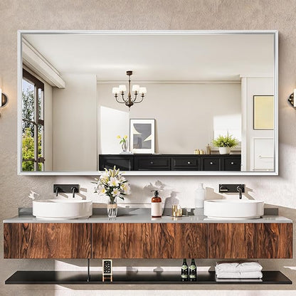 CIRCUMI 72"x40" Brushed Silver Bathroom Mirror, Double Sink Vanity Mirror | Chunky Box Metal Frame, Shatterproof, Tempered Glass, Bathroom Remodel&New Home, Large Rectangular Mirror for Living Room