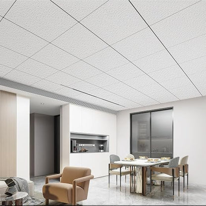 Art3d 12-Pack Stucco Texture Drop Ceiling Tiles 2x2 FT - Fire-Rated, Waterproof, Reusable - Premium PVC 24x24 Inch Ceiling Panels for Living Room Kitchen Bathroom Basement Office, White