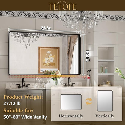 TETOTE 55 x 30 Inch Bathroom Mirror, White Modern Metal Frame Rectangle Modern Farmhouse Wall Mounted Vanity Mirror with Sandy Textured Surface(Horizontal/Vertical)