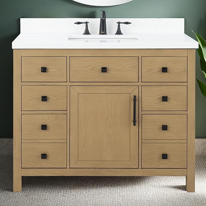 Lavanti Oakford 42 Inch Bathroom Vanity with Sink – Stylish Firwood Oak Vanity Bathroom with Storage Cabinet – Modern Bathroom Vanities with Single Vanity Sink & Quartz Countertop