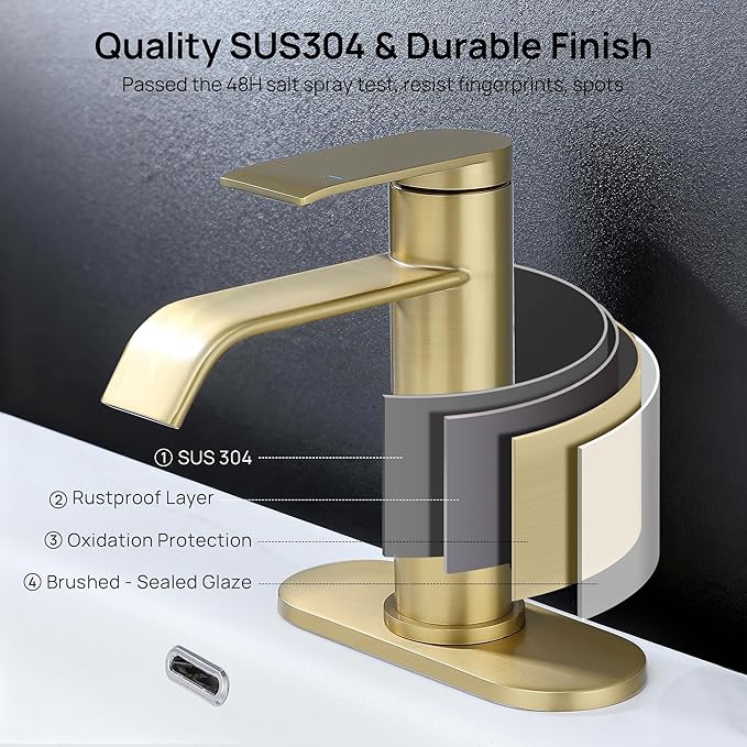 GAGALIFE Bathroom Faucet 1 Hole - Brushed Gold Bathroom Sink Faucet with Metal Pop-up Drain Supply Lines and Deck, Modern Waterfall Bathroom Faucets Single Handle, JJL-MP-7001BG