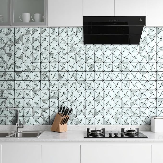 DICOFUN White Marble Look Peel and Stick Backsplash Tile, Mixed Glass Self-Adhesive Mosaic Tiles, Stainless Steel Stick on Wall Tiles for Kitchen and Bathroom Backspalsh, Mirror Décor, 10