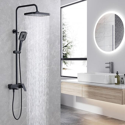 Shower Systems with 12 x8 Inches Rain Shower Head, Matte Black Exposed Pipe Shower System,3 Functions Tub Shower Faucet Sets,Overhead Shower System with Handheld