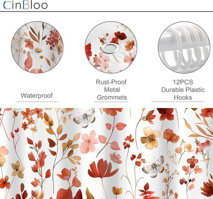 Red Burgundy Fall Autumn Floral Flower Bathroom Shower Curtain Set | 72"W x 72"H Plants Leaves; waterproof HD print, quick-dry fabric and plastic hooks for easy setup.