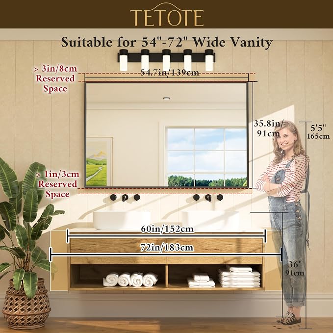 Brushed Nickel Bathroom Vanity Mirror 55" x 36" Beveled Framed Bathroom Wall Mirror for Over Sink Brushed Nickel, Tempered Glass, Modern Farmhouse Bedroom, Entryway, Living Room