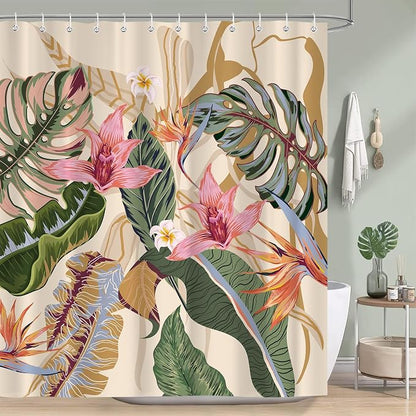 Tropical Shower Curtain Waterproof Fabric Bathroom Curtain with Hooks 72x72 inch, Colorful Floral Jungle Plant Leaf Bathroom Decor