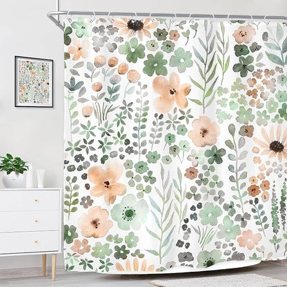Green Gray Floral Colorful Cute Wildflower Boho Bathroom Shower Curtain Set | 72"W x 72"H Watercolor Funky; waterproof HD print, quick-dry fabric with 12 hooks for easy hanging.