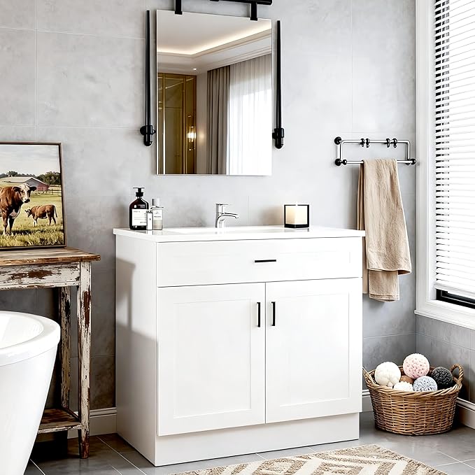 36 Inch Bathroom Vanity with Ceramic Sink, White Freestanding Double-Door Cabinet, Heavy-Duty & Easy-Clean