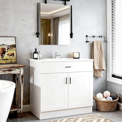 36 Inch Bathroom Vanity with Ceramic Sink, White Freestanding Double-Door Cabinet, Heavy-Duty & Easy-Clean