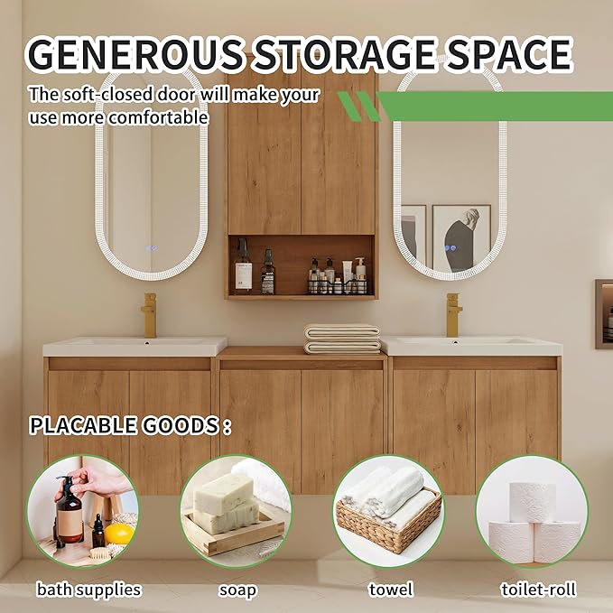 72" Bathroom Vanity Set, 72 Inch Modern Floating Vanity with 6 Doors and 1 Wall-Mounted Side Cabinet, Double Resin Sinks Wall Mount Cabinet Set, Open Storage Shelf, Imitative Oak