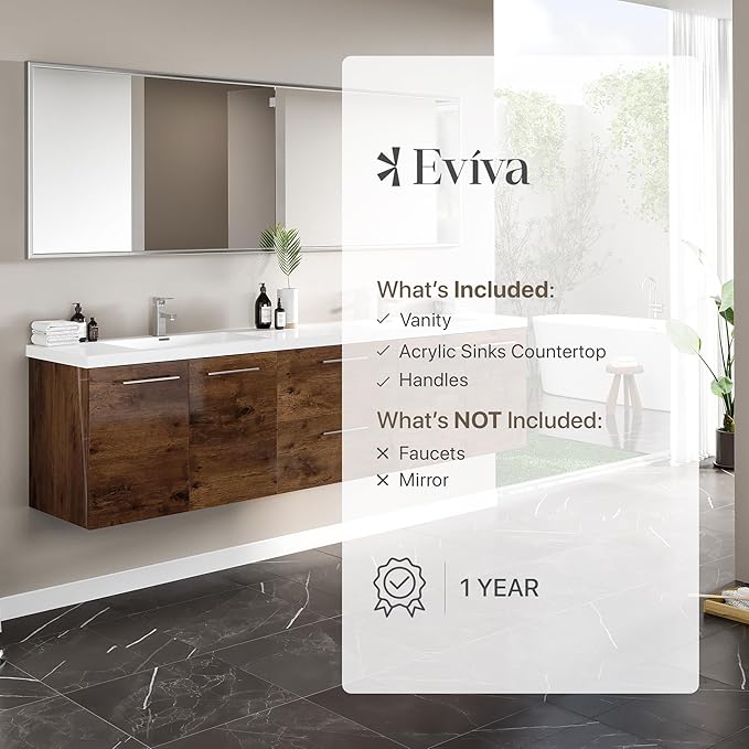 Eviva Lumina 84 in. Rosewood Wall Mount Double Sink Bath Vanity with Acrylic Top and Integrated Sinks