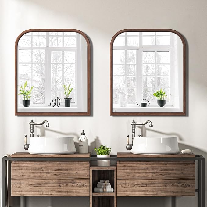 28"x32" Arch Wall Mirror for Wall, Wall Mounted Vanity Mirror for Bedroom, Wood Grain Finish Frame Mirror with Tempered Glass, Vintage Decorative for Bathroom, Entryway, Living Room, Walnut