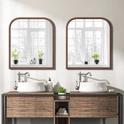 28"x32" Arch Wall Mirror for Wall, Wall Mounted Vanity Mirror for Bedroom, Wood Grain Finish Frame Mirror with Tempered Glass, Vintage Decorative for Bathroom, Entryway, Living Room, Walnut