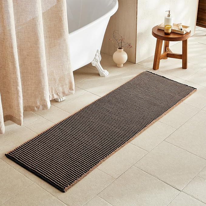 TYUU Waffle Runner Rug Bathroom, Long Boho Bath Mat, 72x24 Khaki & Black | Super Absorbent Quick Dry Bath Rug, Non-Slip Backing, Soft Waffle Washable Farmhouse Bathroom Mats, Tub, Shower & Home Decor