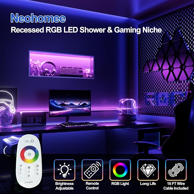 36X12 RGB Shower Niche, Brushed Nickel Stainless Steel LED Wall Niche, No Tile Needed Wall Cabinet for Bathroom Storage, 3000K Warm Light