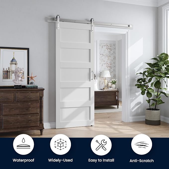SMARTSTANDARD 30x84 inch White Barn Door with 5FT Silver Hardware Track | Solid MDF Slab, Waterproof PVC Surface, 5-Panel, Suitable for Openings up to 28in x 82in