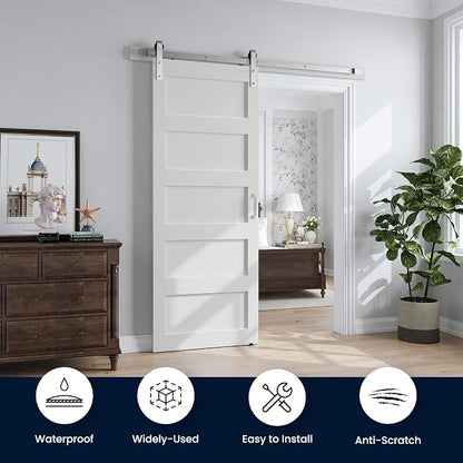 SMARTSTANDARD 32x84 inch White Barn Door with 6FT Silver Hardware Track | Solid MDF Slab, Waterproof PVC Surface, 5-Panel, Suitable for Openings up to 30in x 82in